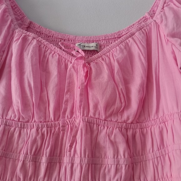 Hollister Pink Puff Sleeve Smocked Waist Tie Front Poplin Mini Dress M - Picture 4 of 8